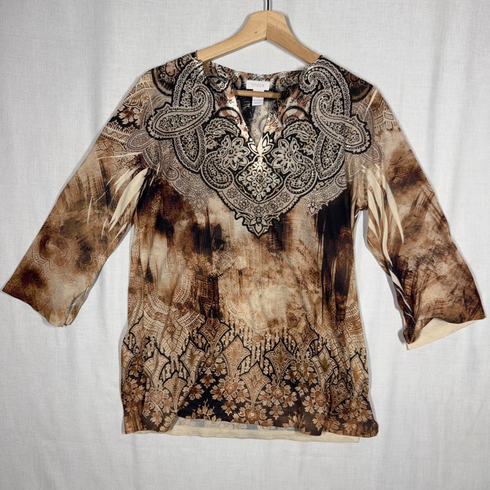 Chicos Top Womens 1 Paisley V Neck Bohemian Office Wear Blouse